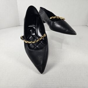 Vince Camuto Aylin Mary Jane Black Leather Ballet Flats with Gold Chain Size 6.5